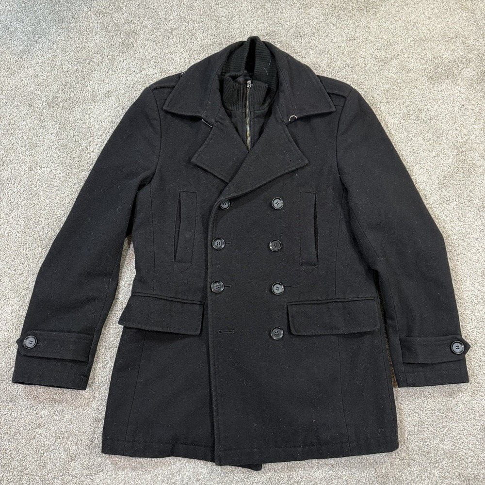 7 Diamonds Peacoat Jacket XL Double Breasted‎ Black Wool Blend Winter Coat